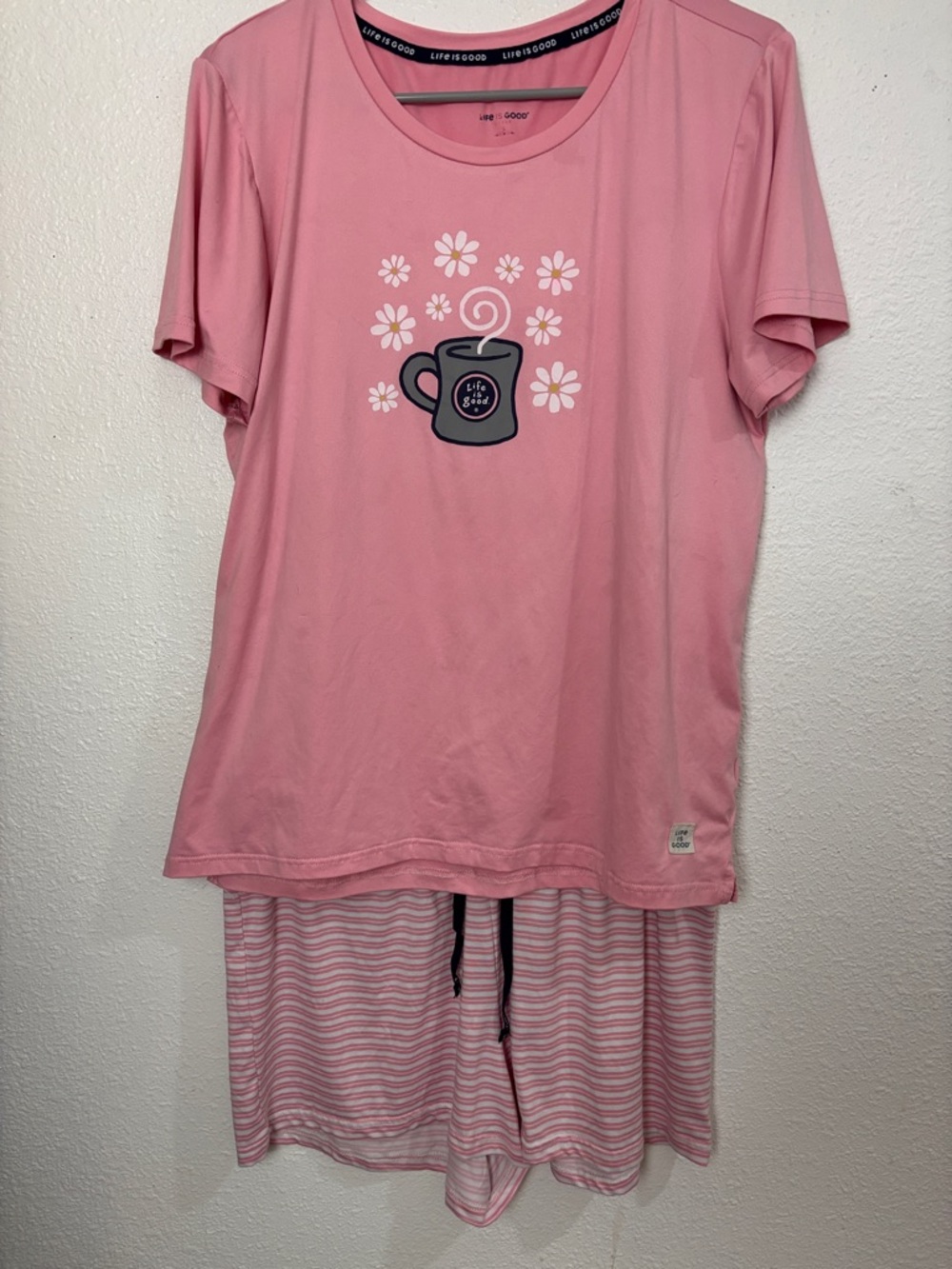 Life Is Good Pink Daisy Coffee Pajama Set with Striped Shorts